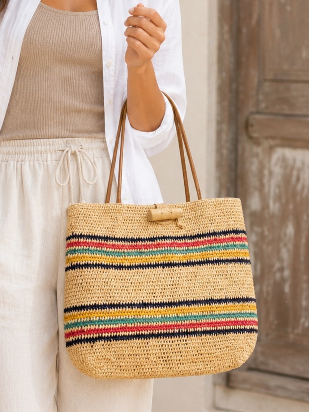 MAR Y SOL Tote Hampton Striped Raffia Toggle Closure Lined Leather Handles